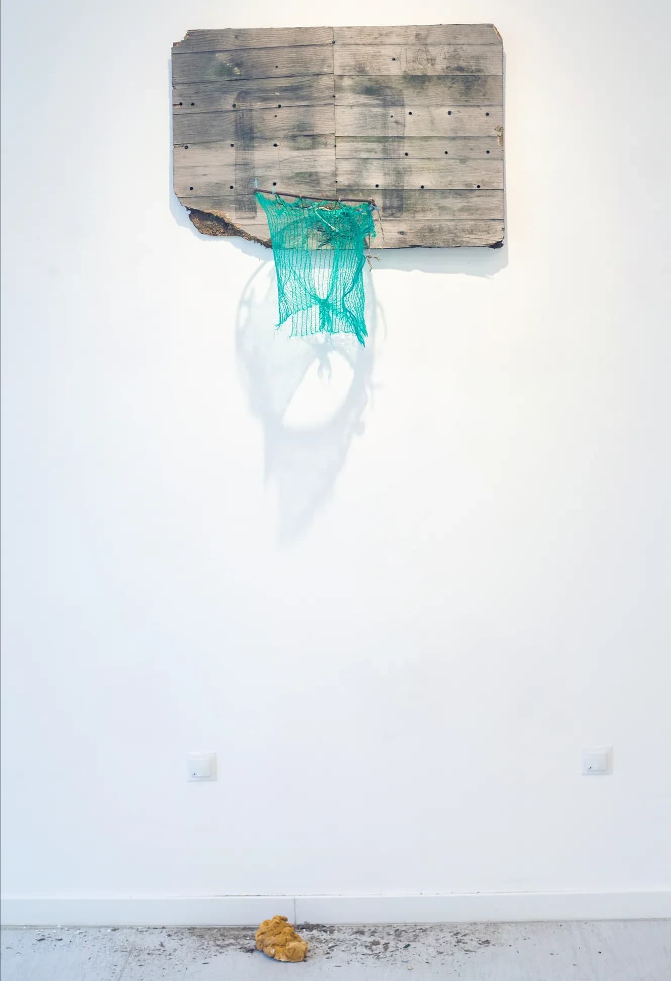 Weathered wooden board with a torn teal net fragment hanging from it