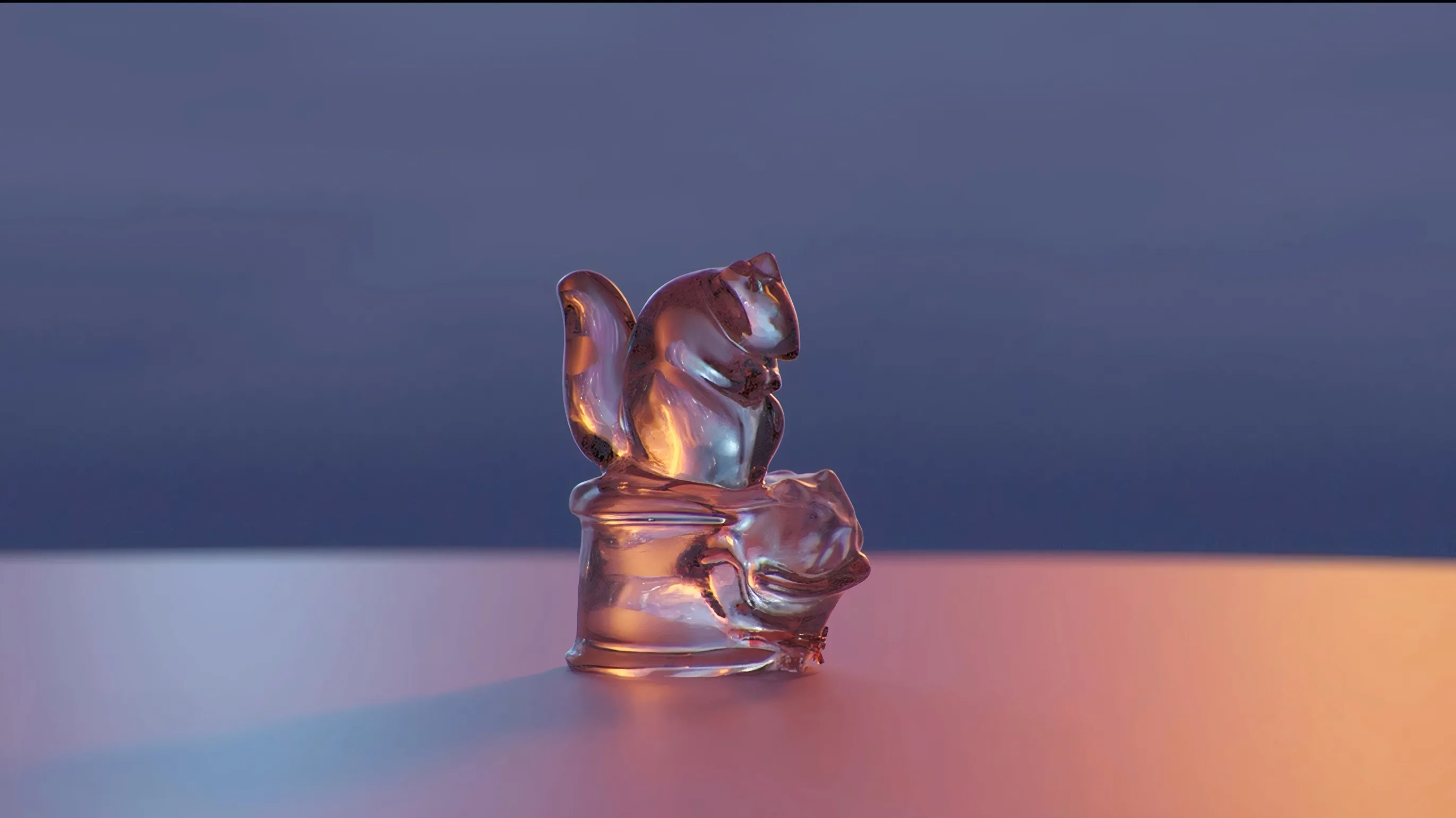3D render of a translucent glass squirrel perched on a glass vessel