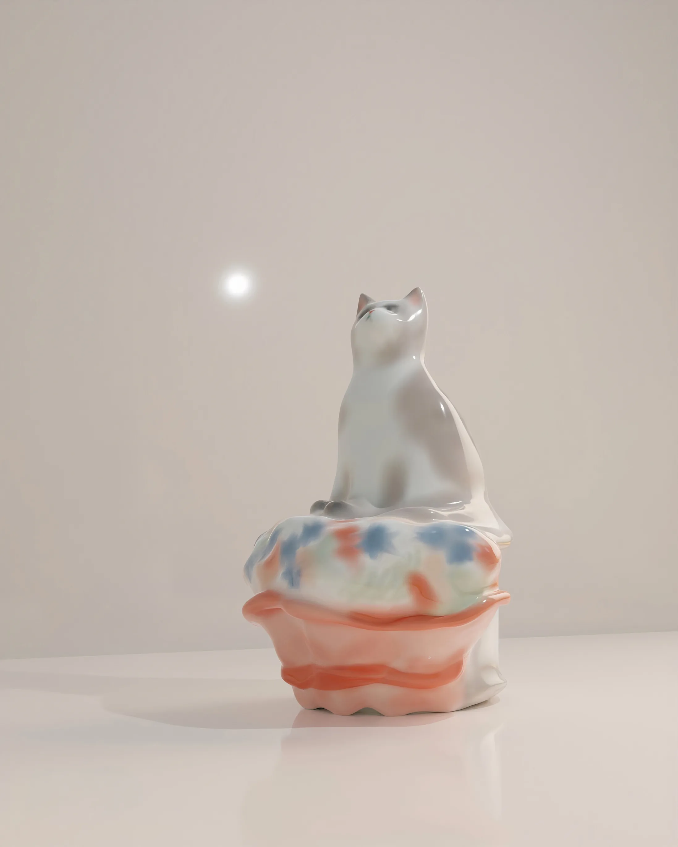 3D render of a porcelain cat seated on a floral cushion